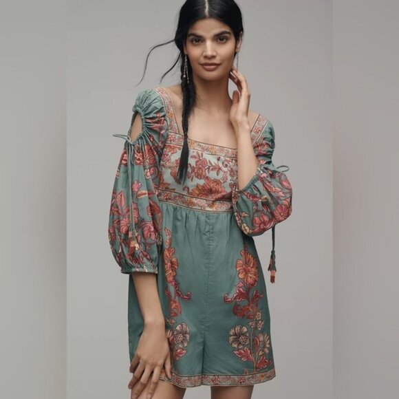 NWT Farm‎ Rio x Anthropologie Puff-Sleeve Square-Neck Romper XS - Picture 5 of 9